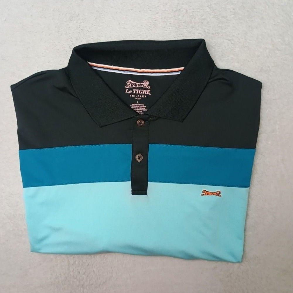 Le TIGRE Polo Shirt Mens L Blue Colorblock Golf Tri-Flex Performance Stretch